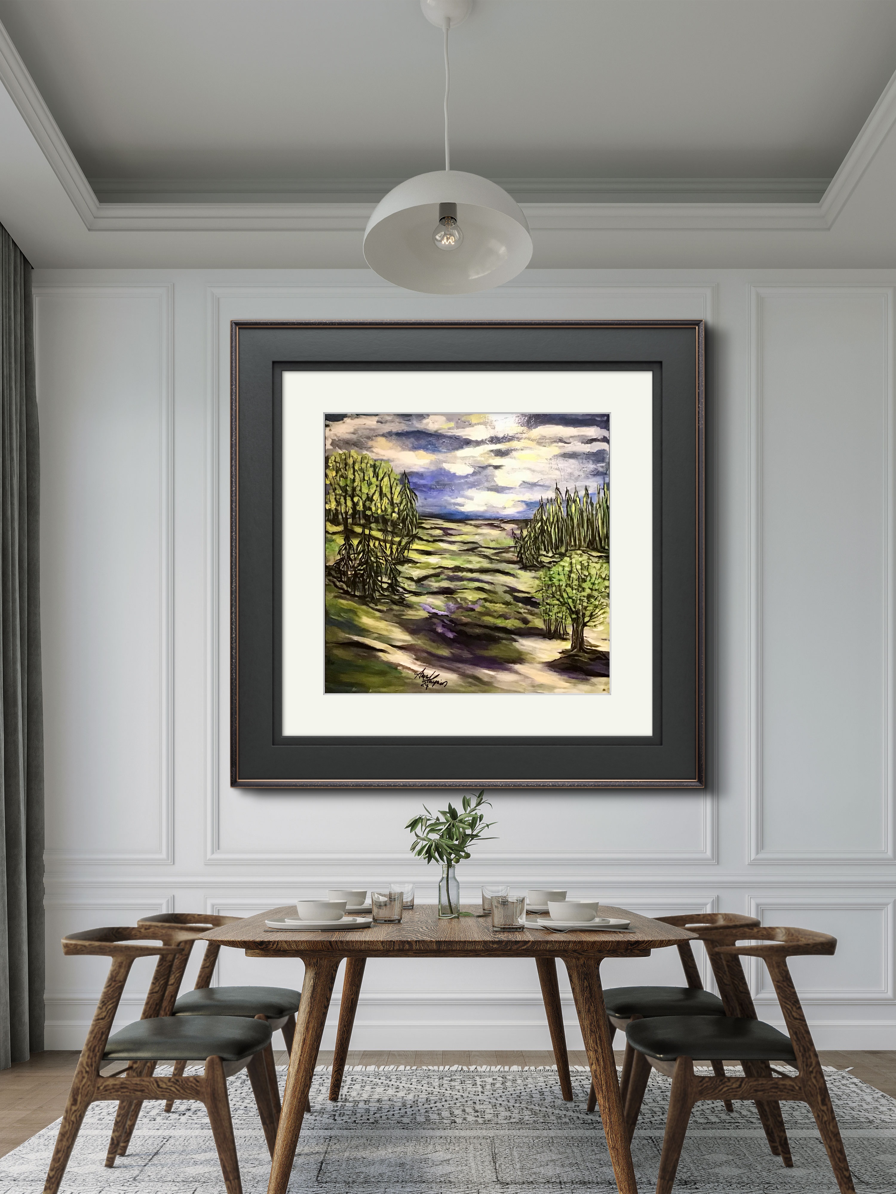 Jardin paisible  Ce tableau représente un paysage naturel vibrant et texturé, avec une vallée verdoyante et des bosquets d’arbres entourés par une lumière dramatique dans le ciel. Les couleurs dominantes sont des verts intenses mêlés à des touches de jaune, de violet et de bleu, évoquant un contraste fort entre terre et ciel, et une atmosphère changeante, comme avant ou après une tempête.  Pour un titre, voici quelques suggestions :  • “La vallée des lumières mouvantes”  • “Sous le ciel tourmenté”  • “Harmonie sauvage”  • “Éclat d’un paysage vivant”  Le style expressif et les textures ajoutent beaucoup de dynamisme à l’œuvre.