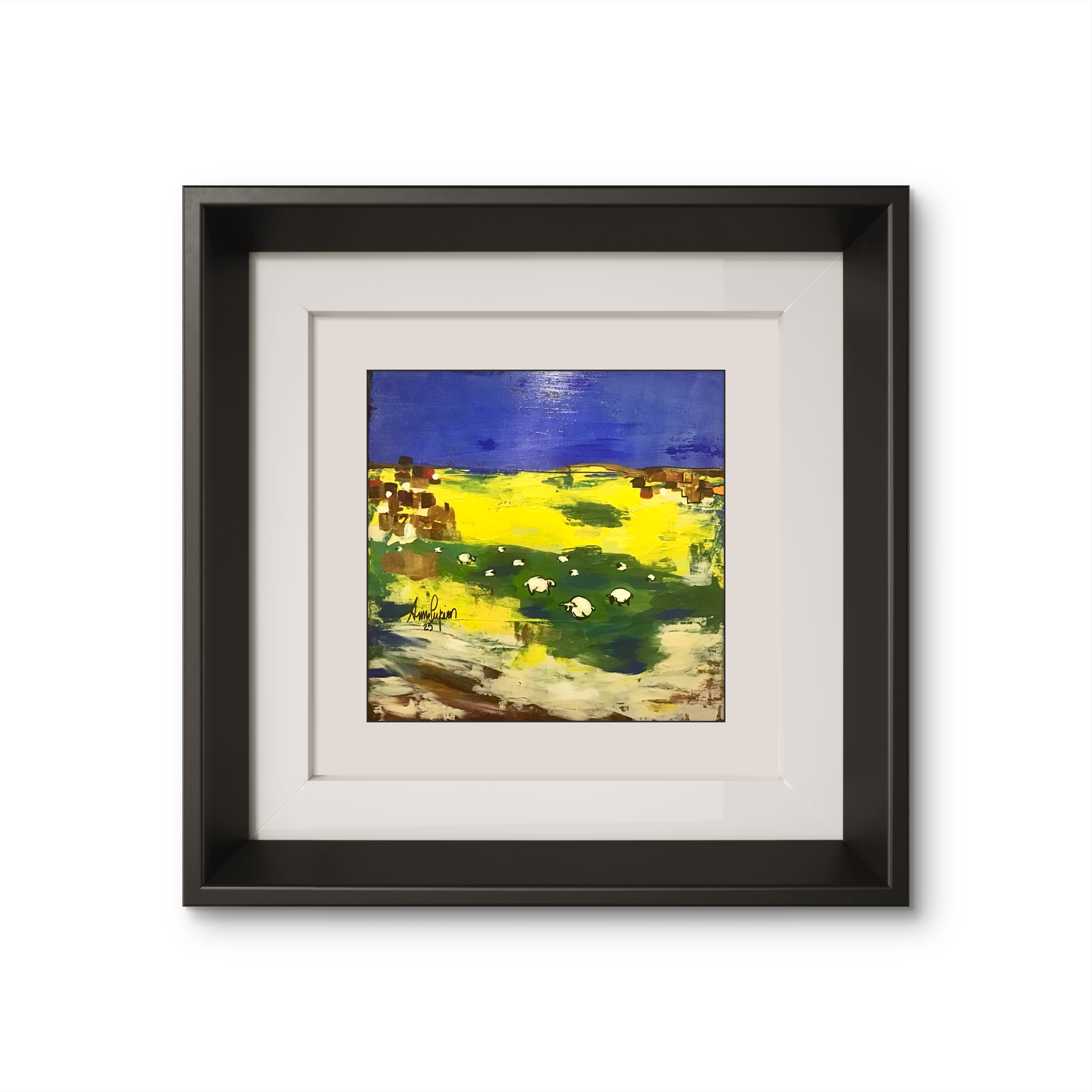 L’Horizon C’est une belle peinture avec des couleurs vibrantes et un style qui rappelle un mélange entre l’abstraction et le paysage réaliste. Les champs dorés contrastent magnifiquement avec le ciel bleu profond. 