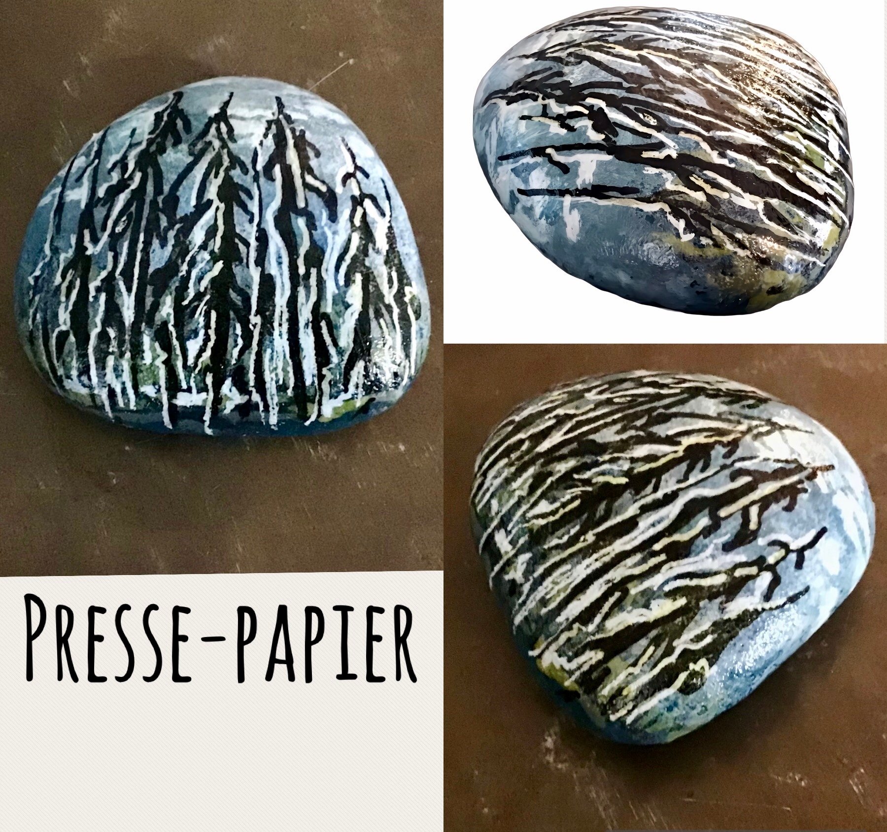 Représentation peinte à la main d’arbres de grands pins majestueux sur une roche lisse du fleuve Saint-Laurent