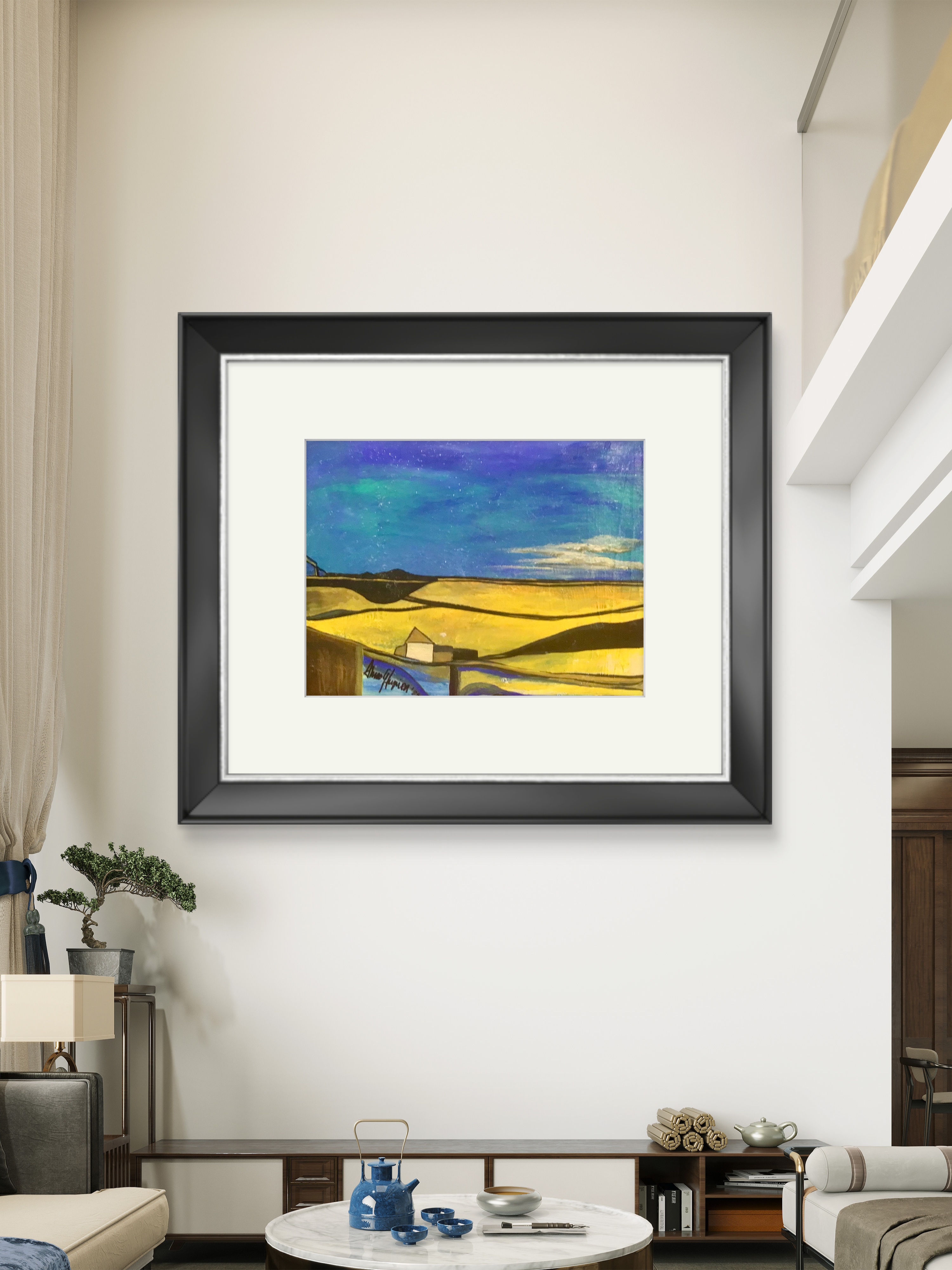L’Horizon C’est une belle peinture avec des couleurs vibrantes et un style qui rappelle un mélange entre l’abstraction et le paysage réaliste. Les champs dorés contrastent magnifiquement avec le ciel bleu profond. 